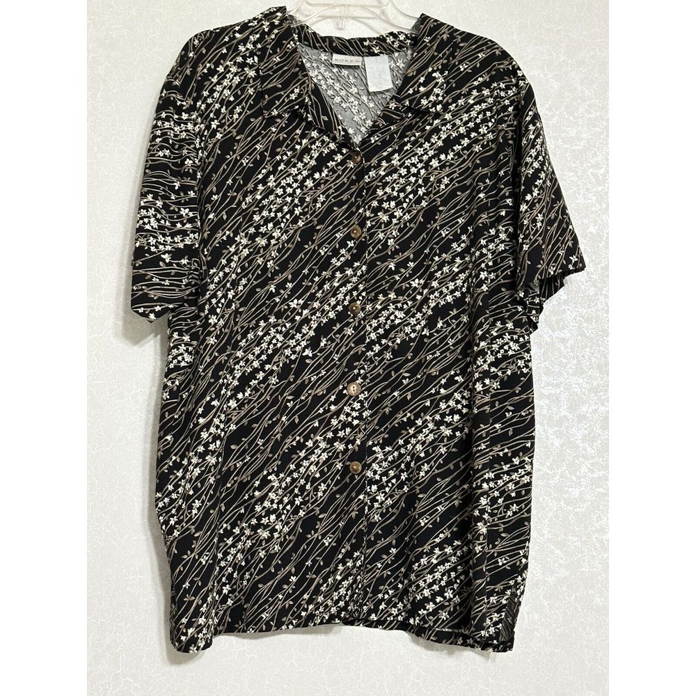 Koret Floral Print V-neck Button Down Short Sleeve Blouse Top Black Tan White 22 - Picture 1 of 5